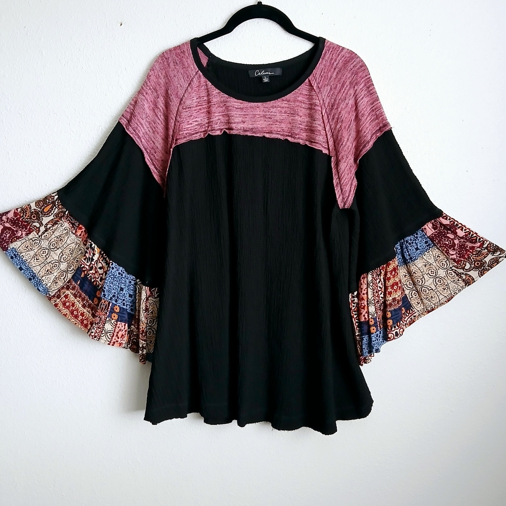 Caleoas Pullover Top Womens Size Large Black Pink Boho Gypsy